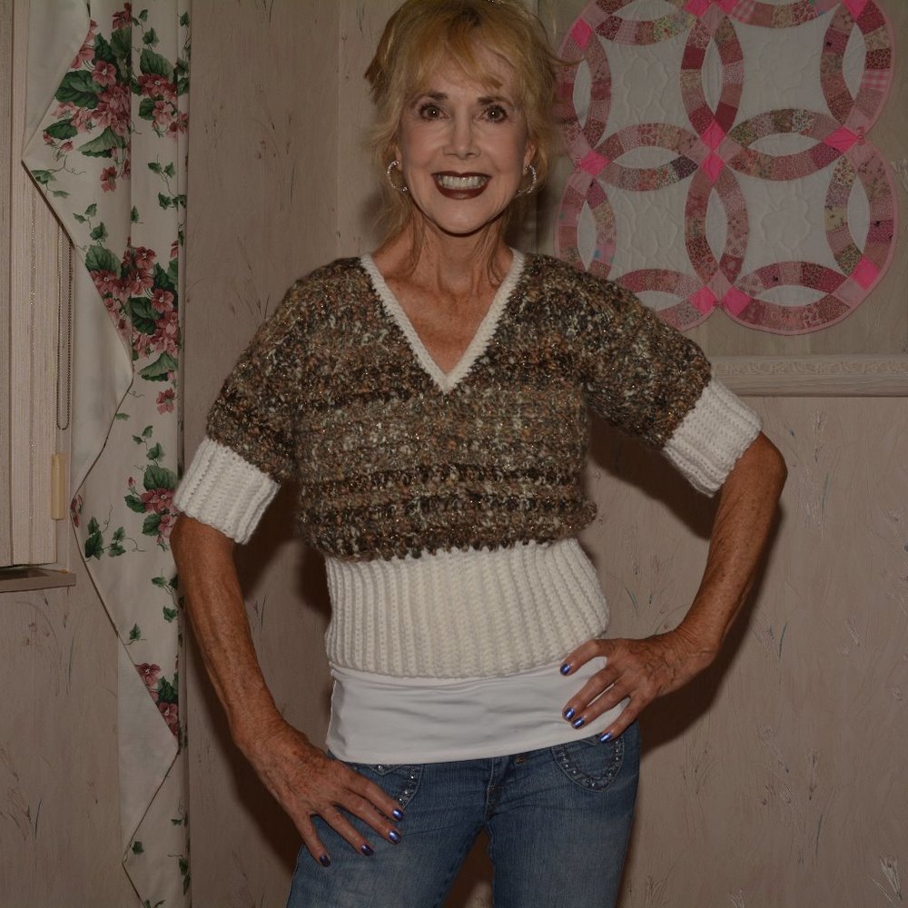 Two tone hand crochet half sleeve sweater